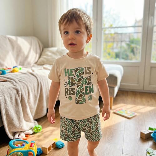 Image of Toddler Boy Easter Outfit Letter Cross Short Sleeve T Shirt Camouflage Shorts Set 2T 3T 4T 5T Summer Outfits