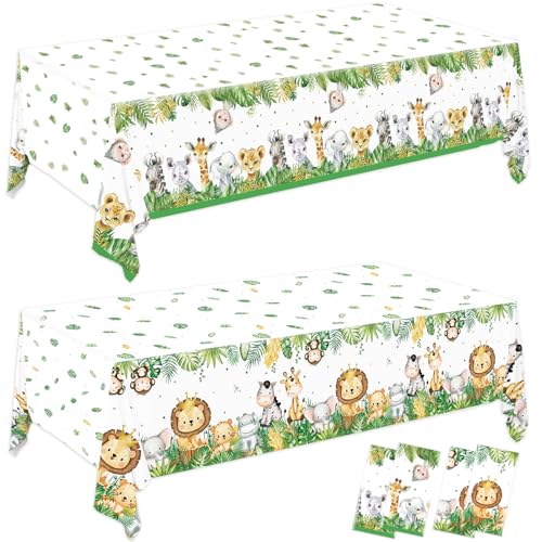 Image of QIYANPAX 4 Pack Jungle Safari Tablecloths, Wild One Table Cover, Animals Plastic Plastic Table Cloth for Sage Green Safari Baby Shower Decorations, 108x54 Inch