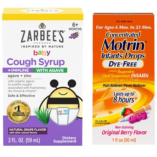 Image of Motrin and Zarbee’s Essentials for Infants Infants' Concentrated Liquid Medicine Drops with Ibuprofen and Zarbee's Baby Coughⱡ Syrup + Immune with Organic Agave + Zinc