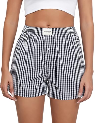 Viakeo Womens Cotton Boxer Pajama Shorts Gingham Summer Lounge Sleep Plaid Shorts Y2K Beach Bottoms with Pockets