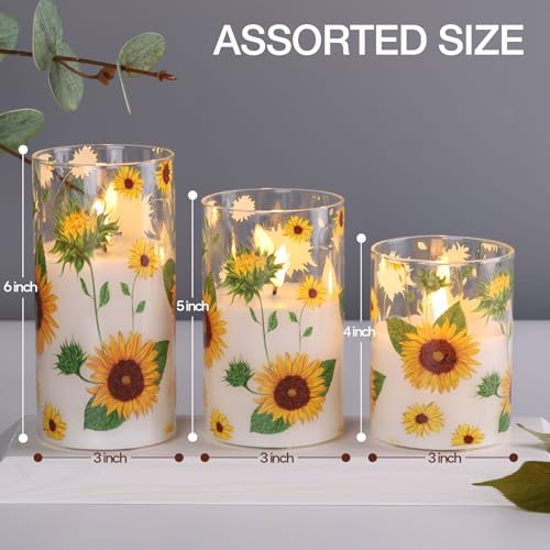 Image of Sunflower Glass Flameless Pillar Candles with Remote, Flickering LED Battery Candles Summer Home Decor Set of 3