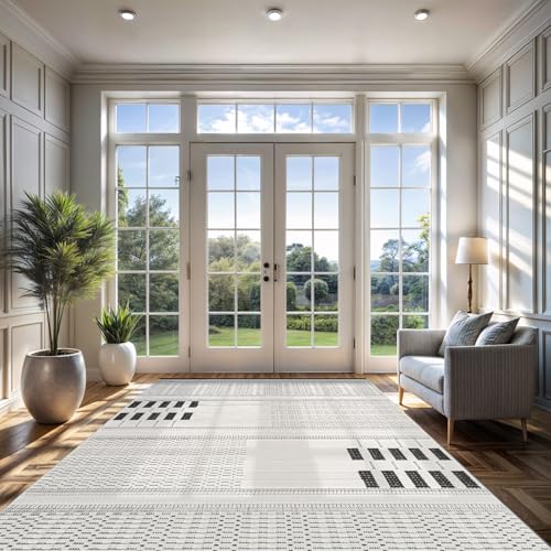 CAMILSON Modern Rug 8x10 Luxury Geometric Pattern Micro Loop Area Rugs Soft High and Low Pile Stain Resistant Easy to Clean Non-Shedding Durable Living Room Bedroom Indoor Carpet (White/Black)