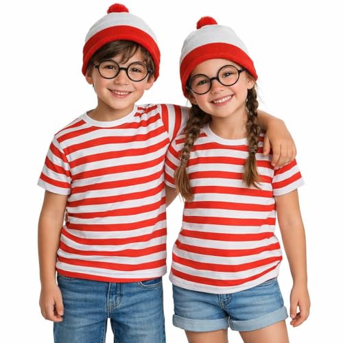 FAIRY BOUTIQUE Kids Red and White T-Shirt Hat Glasses Set Boys Girls Book Week Dress Party Costume Age 5-13 Years (Red White 3pcs Set 7-8 Years)