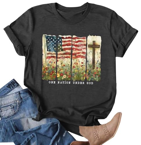 Image of Ithalt Christian Tshirt Womens 4th of July Shirt American Flag T Shirt USA Patriotic Tees Faith Short Sleeve Tops