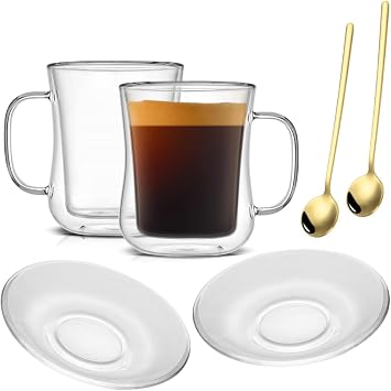 Double Wall Glass Coffee Mugs Set, Teacup with Saucer and Spoon Set of 2 Pack, 8.5oz/260ml for Cappuccino, Latte, Hot and Cold Drinks Clear - Waisted Style - 2 Pack