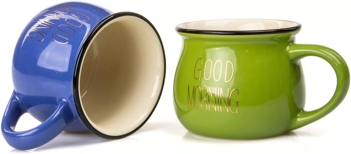 Mukko Home 2'Li Emaye Görünümlü Renkli Porselen Kupa Seti Good Morning Gold Yazılı 250 Ml,Mavi & Yeşil
