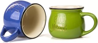 Mukko Home 2'Li Emaye Görünümlü Renkli Porselen Kupa Seti Good Morning Gold Yazılı 250 Ml,Mavi & Yeşil