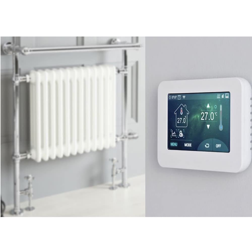 Milano White Elizabeth - Traditional Dual Fuel Heated Towel Rail - 930Mm X 790Mm (With Overhanging Rail) - With Touchscreen Wi-Fi Thermostat And Cable Cover