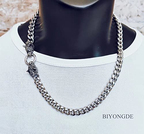 Masculine Heavy Miama Cuban Link Chain Pendant Necklace for men, Vintage Wolf Head/King Lion Head Spring Ring Clasp, Punk Rock2