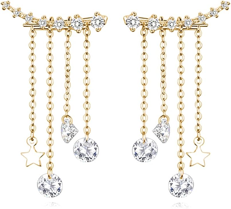 Reffeer Solid 925 Sterling Silver Crawler Earrings Tassel Chain Dangle for Women Teens 7 Crystal Cuff Earrings Climber