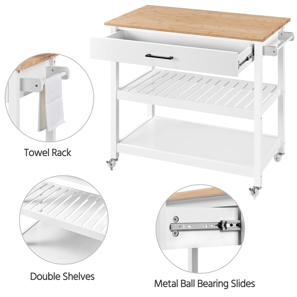 Yaheetech Carrello da Cucina Bianco a 3 Ripiani con Ruote Cassetto Carrello di Servizio Carrellino Portaoggetti Multiuso Salvaspazio Stile Moderno Porta Microonde 101,5 x 51 x 92,5 cm