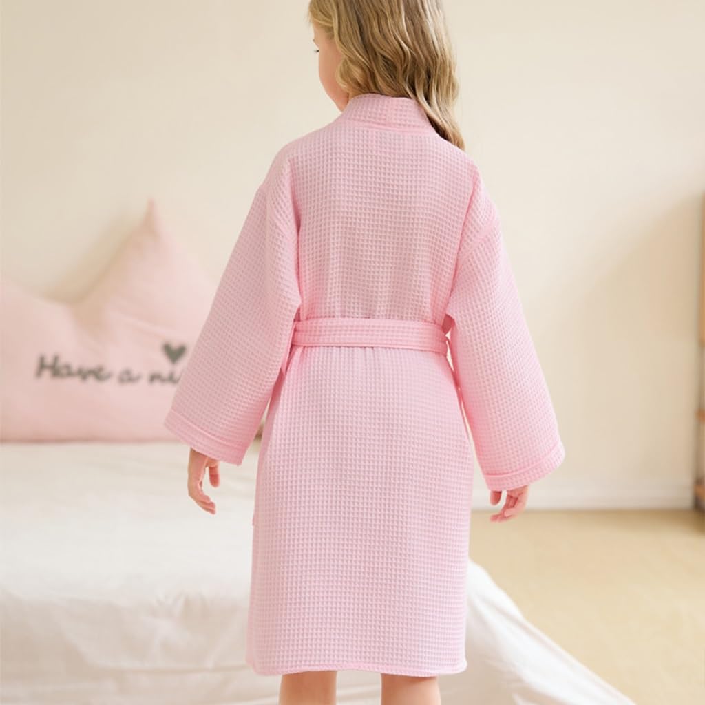 XUEMML Peignoir en Coton Gaufré for Enfants Filles, Peignoir Kimono À Carreaux en Nid d'abeille for Filles De 6 À 15 Ans(Roze,10-15 T)