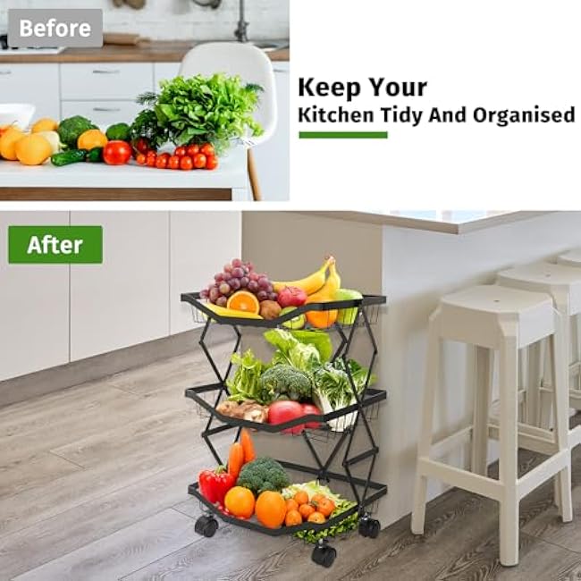 3 Tier Fruit Basket, Stackable Fruit and Vegetable Storage Cart with Wheels, Kitchen Organizer for Potatoes,Onions,Snacks-jTl2WfGh