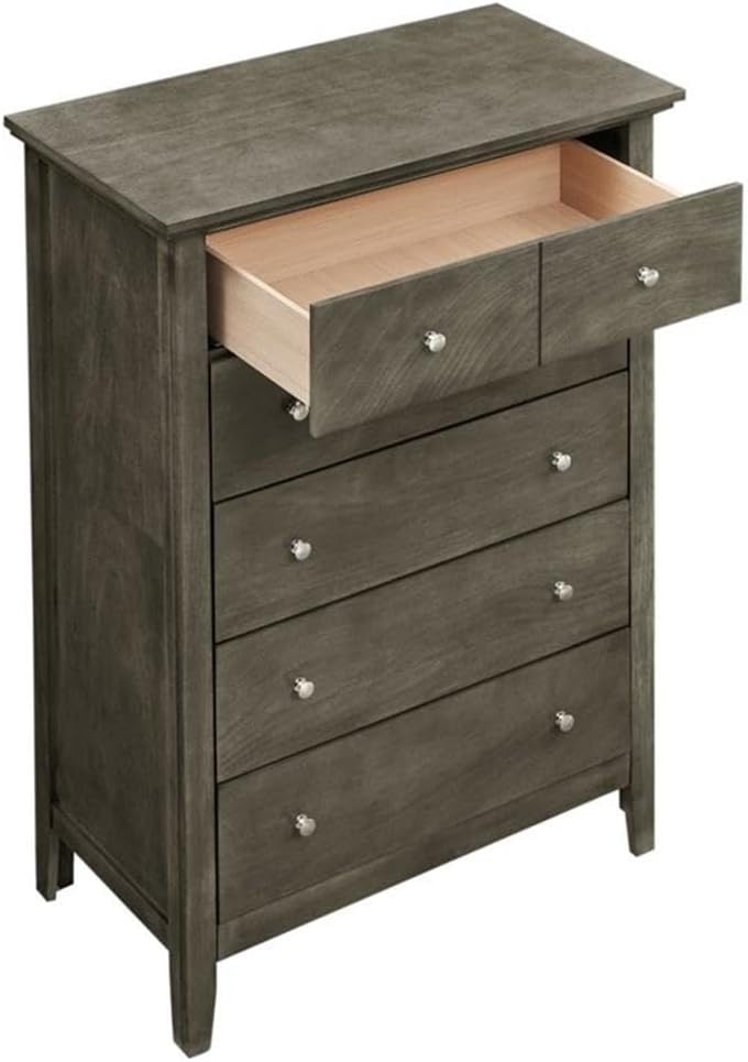 Pemberly Row Contemporary Chest, 5 Dovetailed Drawers, 48 in H x 32 in W x 18 in D, Wood Veneers, Gray Finish, Fully Assembled, Nickel Hardware, Bedroom Storage Furniture