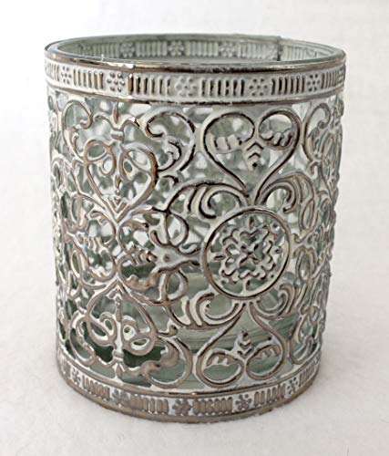 Windlicht Glas Metall Antik Weiss Silber Höhe 9 x Ø 7,5 cm orientalisch