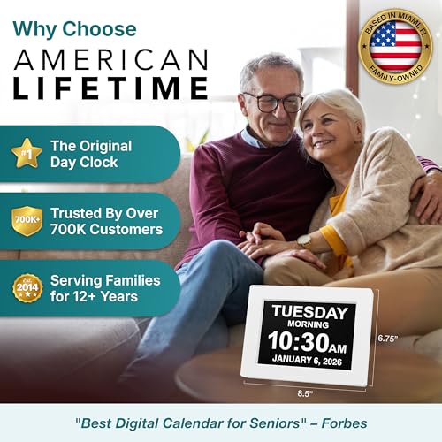 Image of American Lifetime New 2026 Dementia Clock Large Digital Clock for Seniors, Large Display with Custom Alarms, Calendar Clock with Day & Date for Elderly, Clear Numbers Alzheimer Digital Clock White