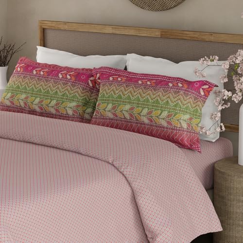 Image of BOUTIQUE LIVING Heritage Walk 100% Egyptian Cotton 200 TC Pink Ethnic Print King Bedsheet with 2 Pillow Covers