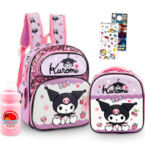 Kuromi Mini Backpack with Lunch Box for Kids - Bundle with 12' Sanrio School Bag, Lunch Box, Stickers, and More | Kuromi School Supplies for Girls