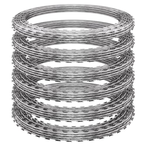 296ft Razor Wire 6 Rolls Silver Razor Fencing Galvanized Concertina Wire with Pliers Gloves Warning Sign for Garden Farm Factory Security