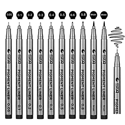 SAYEEC - Juego de 10 rotuladores de dibujo de varios tamaños, tinta multifuncional, resistente al agua, color negro, color negro