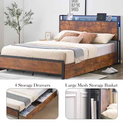 Image of Garvee Queen Bed Frame with Storage Wood Headboard, Metal Platform Bed with 4 Storage Drawers & Shelf, Built in Charging Station & LED Lights, No Box Spring Needed, Vintage Brown