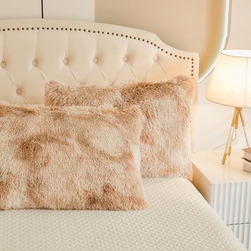 EMME Plüsch Bettwäsche Set 220x240cm Biber Flauschige Bettdecke Set für Bett Shaggy und Plüsch weiche Bettwäsche Bettbezüge und 2 Kissenbezug 80x80cm, Tie Dye Braun