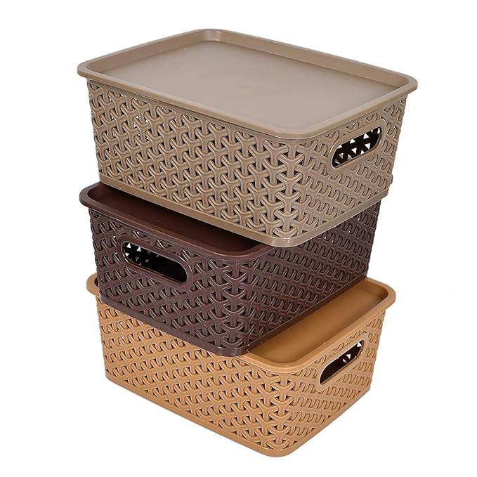 Plastic Storage Basket Multipurpose Colorful Solitaire Basket with Lid for Kitchen Vegetables Toys Books Office Strong Plastic Material and Side Grip (Pack of 3) (B0D3TKM2YJ) Amazon Price History, Amazon Price Tracker