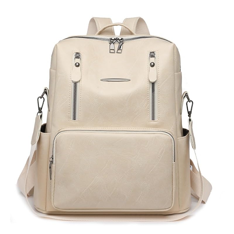 Mochila Feminina em Couro Sintético PU com Alça Removível, Bolsa Retrô Casual com Bolsos para Trabalho Faculdade e Viagem(2237 - Bege)