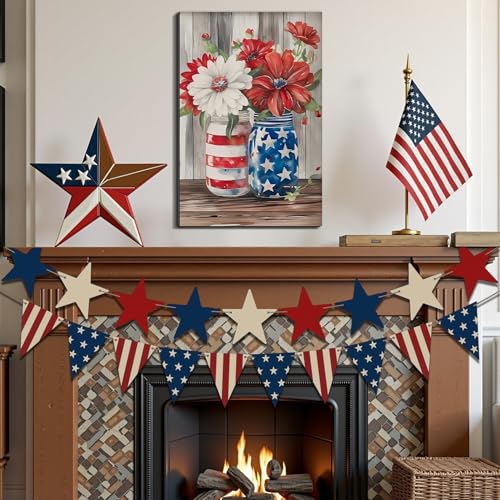 Image of Framed American Flag Mason Jar Flower Wall Art, Patriotic Farmhouse Canvas Art Pictures, USA Flag Wall Decor, Made in USA Ready to Hang for Kitchen Living Room