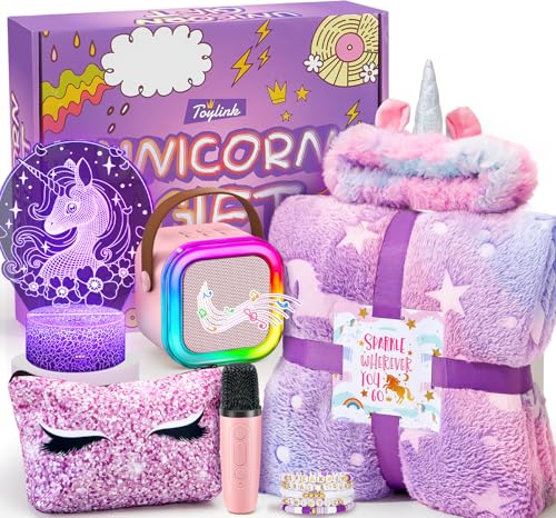 Presentes de unicórnio para meninas de 6, 7, 8, 9, 10 anos máquina de karaokê, microfone infantil com alto-falante, manta luminosa unicórnio, luz noturna, diadema, pulseiras, brinquedos, presente de