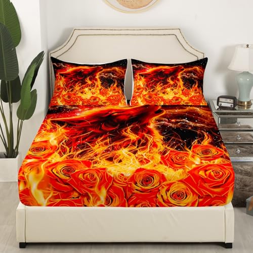 Sábana bajera ajustable con diseño de lobo rojo, tamaño doble, colección de llamas de rosa, tema de fuego, ropa de cama de tela decorativa suave, bolsillo profundo para niños, adolescentes, niños y