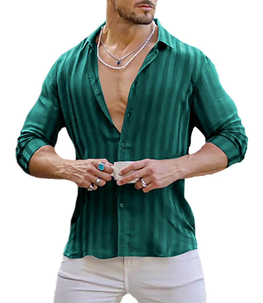 URRUMen's Muscle Fit Dress Shirts Casual Stylish Shiny Silk Long Sleeve Striped Button Down Shirt