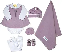Saida Maternidade Completa Recem Nascido Menino Menina 7 Peças Sanches Baby (Lilás com Branco)