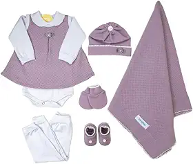 Saida Maternidade Completa Recem Nascido Menino Menina 7 Peças Sanches Baby (Lilás com Branco)