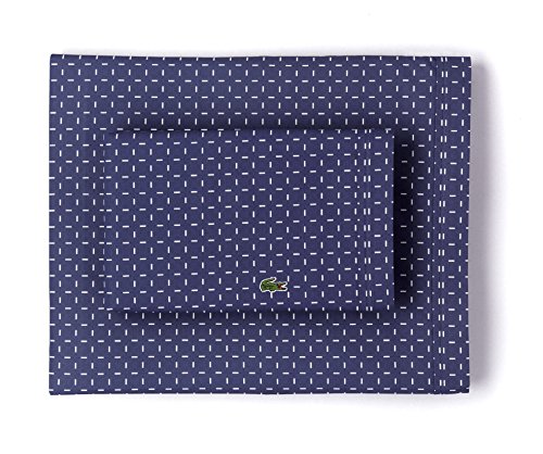 Image of Lacoste 100% Cotton Percale Sheet Set, Dash Print, Vintage Indigo, King