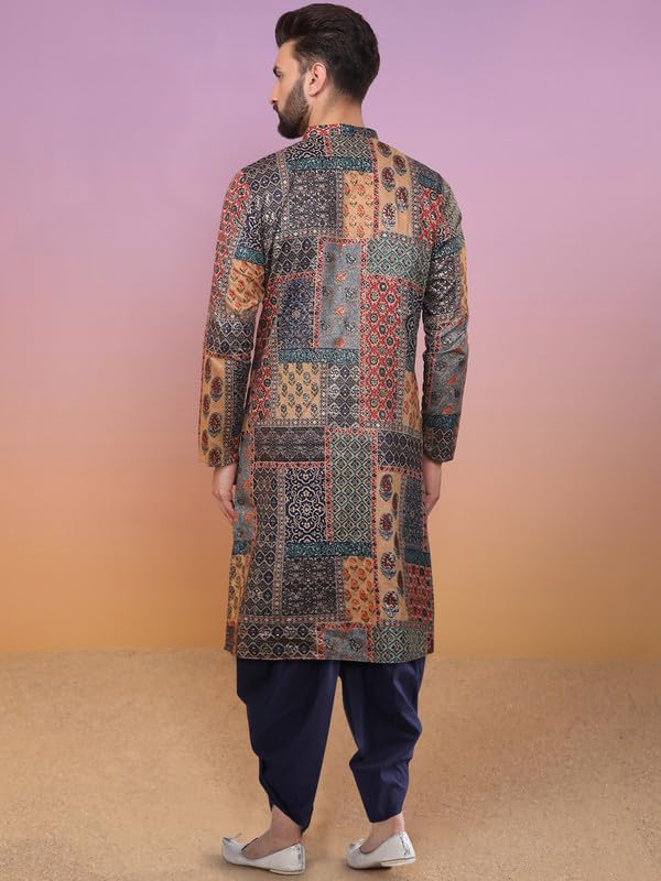 Image of KISAH Men's Kurta Dhoti Set, Multi Cotton Blend, Printed Mandarin Collar Regular Fit Long Sleeves, 44