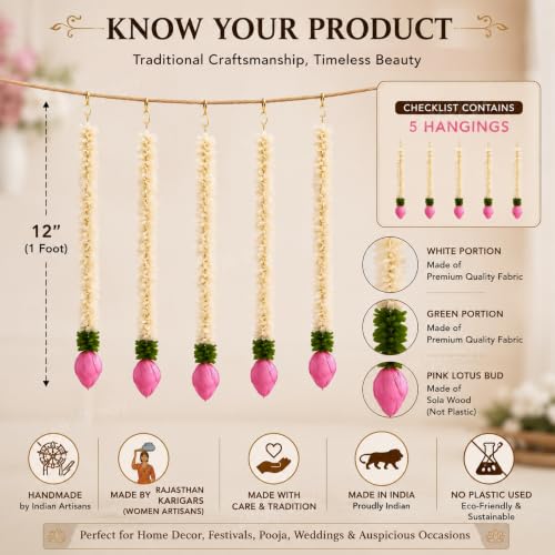 Image of Divyakosh Garlands for Home Decoration, Lotus Hangings (Pack of 5 Latkan, Size 14 Inch Each) | Offwhite Fabric & Solawood Lotus Buds | Flower Garlands for Home Decoration |