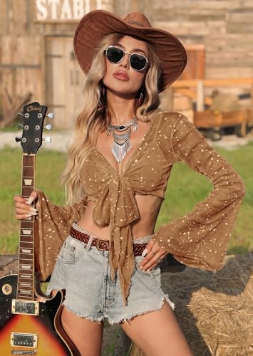 Image of Women Tie Front Bell Sleeve Rave Crop Tops Floral Print Hippie Mesh Sheer Shirt