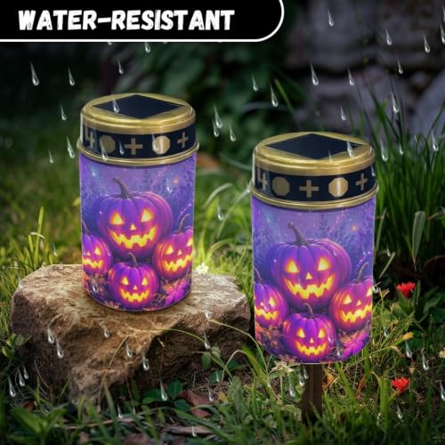Image of Poceacles Halloween Solar Candle Cemetery Solar Lights for Grave LED Garden Flameless Powered Pathway Lights Outdoor Waterproof with Dusk to Dawn Sensor, Pumpkin Violet, Set of 2