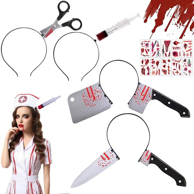 TaiXinYuly 4 peças diadema de terror de Halloween, fita de cabeça faca Halloween com 10 folhas de Halloween cicatrizes tatuagens, acessórios de festa de Halloween, para máscara, conjunto de papéis