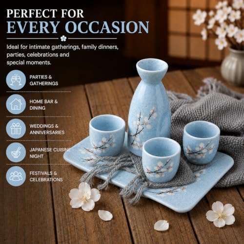 Image of Melbify Japanese Ceramic Sake Serving Set | 1 Pot + 4 Cups| Pot(180 ml) & Cup(45 ml)| Tokkuri Carafe & Cups | Sake Glasses for Drinking | House Warming Gift Set | Anniversary | Couple