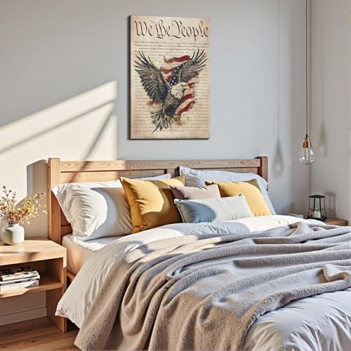 Image of Framed We The People Bald Eagle Wall Art, Patriotic US Constitution Canvas Art Pictures, American Flag Wall Decor, Made in USA Ready to Hang for Office Living Room