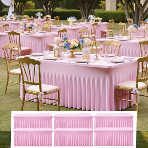 Image of NSSONBEN 6 pk Baby Pink Spandex Tablecloth 6ft with Ruffle Table Skirt, Wrinkle Free Stretchy Fitted Tablecloths for 6 Foot Rectangle Tables, Elastic Spandex Table Covers for Weddings Parties Banquet