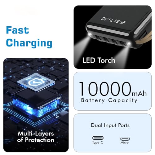 Image of 15W Fast Charging 10000mAh Power Bank with 4 in 1 Detachable Cable (Lightn-ing, Type-C, Micro Output, USB-A Input) & Dual Input (Type-C & Micro) Universal Compatibility (Li-Poly, Black)