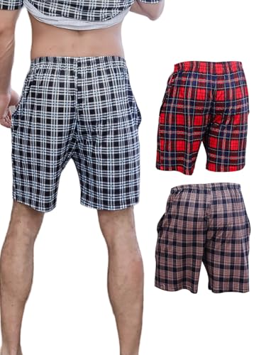 3PCS Mens Plaid Pajamas Shorts With Pockets Sleep Bottoms Silky Fabric Shorts Loungewear Pijamas Para Hombres2