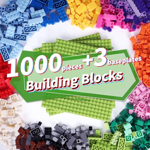 Building Blocks 1000 Pieces, Bulk Classic Building Bricks with 3 Pack baseplates, Basic Small Bricks Compatible with Lego & All Brand for Kids