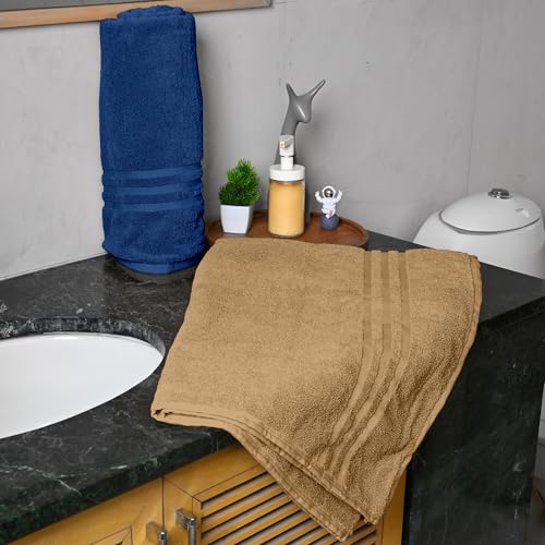 Image of Divine Casa 100% Cotton Bath Towel Set of 2, 550 GSM Ultra Soft Highly Absorbent Thick Towels, Large 75 x 150 cm, Blue & Beige Combo