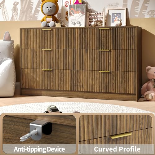 Image of Walnut 6 Drawer Dresser Bedroom,55 inch Wide Fluted Dresser Wood with Gold Handles,Mid Century Wooden Chest of Drawer for Closet,Bedroom,Living Room,Walnut