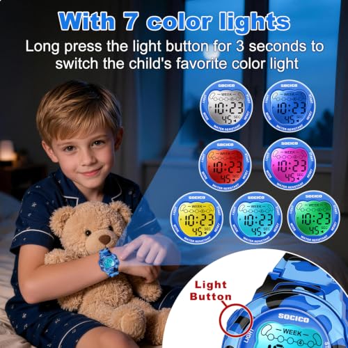 Image of SOCICO Kids Digital Watch 50M Waterproof & 7 Color Lights for Boys Girls