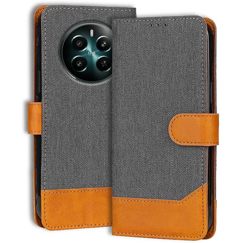 Image of Accesorios Flip Cover for Realme 12 Plus 5G | Denim & Leather | Luxury Wallet Folio | Two-Tone Design | Shockproof Wallet Style Flip Case for Realme 12 Plus 5G (Grey)